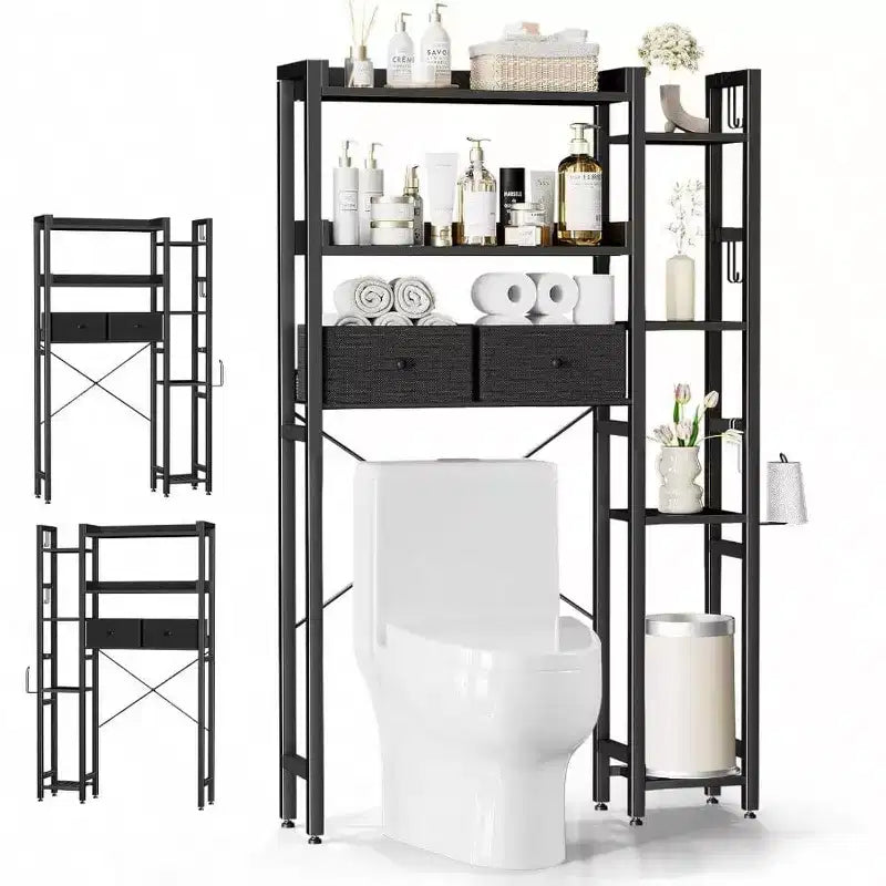 Over Toilet Storage with 2 Drawers Tier Organizer Height Adjustable Shelves Hooks Black Space Saver Bathroom Restroom Laundry