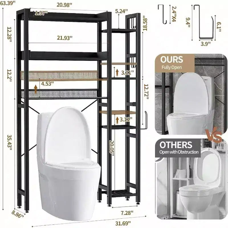 Over Toilet Storage with 2 Drawers Tier Organizer Height Adjustable Shelves Hooks Black Space Saver Bathroom Restroom Laundry