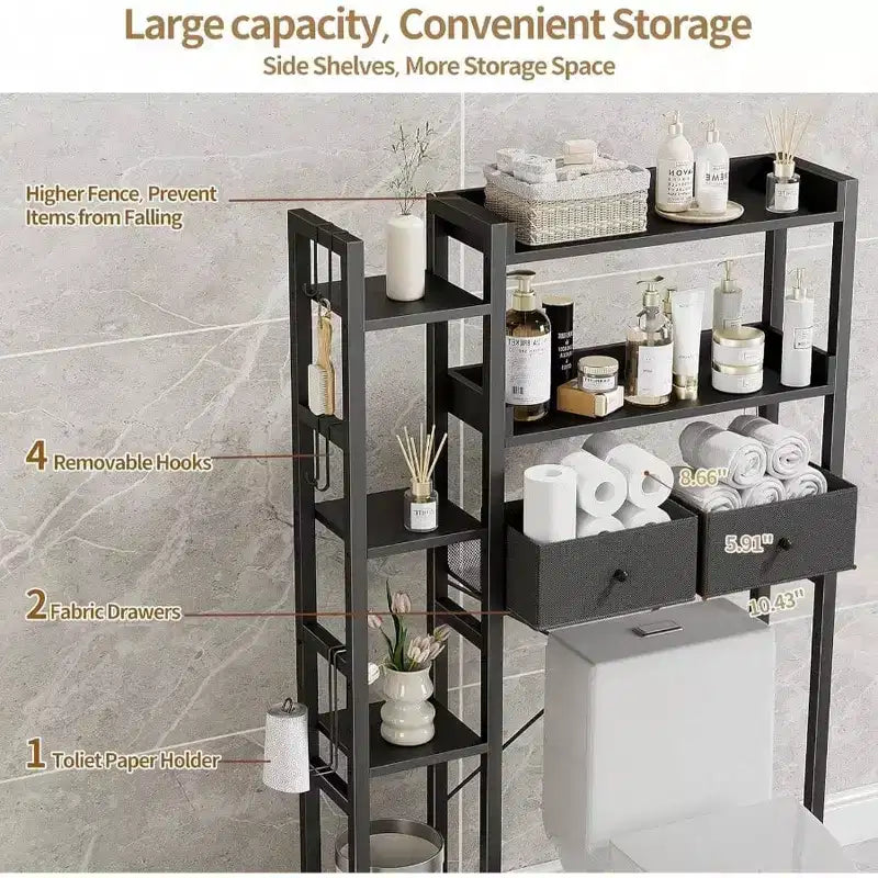 Over Toilet Storage with 2 Drawers Tier Organizer Height Adjustable Shelves Hooks Black Space Saver Bathroom Restroom Laundry