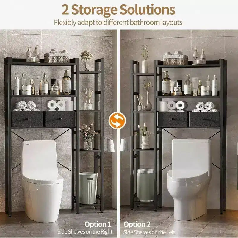 Over Toilet Storage with 2 Drawers Tier Organizer Height Adjustable Shelves Hooks Black Space Saver Bathroom Restroom Laundry