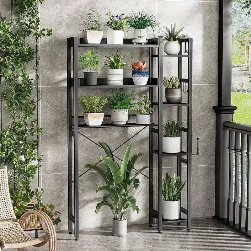 Over Toilet Storage with 2 Drawers Tier Organizer Height Adjustable Shelves Hooks Black Space Saver Bathroom Restroom Laundry