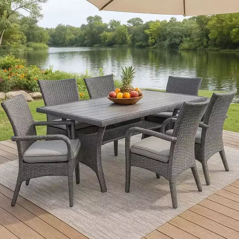 Royal Hampton Outdoor Dining Table, 57 Inch Top W/ Shelf, Gray Rattan Woven