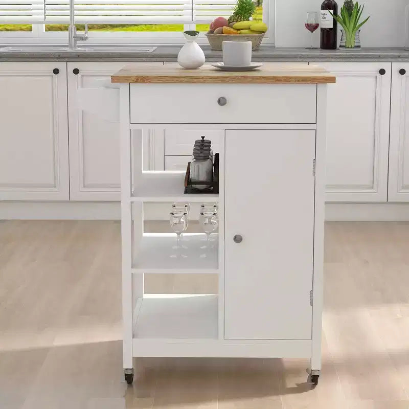 MAYEERTY Rolling Kitchen Island Trolley, Rubber Wood Top Adjustable Shelves Towel Rack