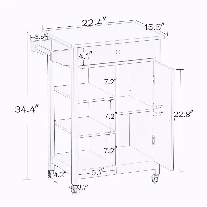 MAYEERTY Rolling Kitchen Island Trolley, Rubber Wood Top Adjustable Shelves Towel Rack