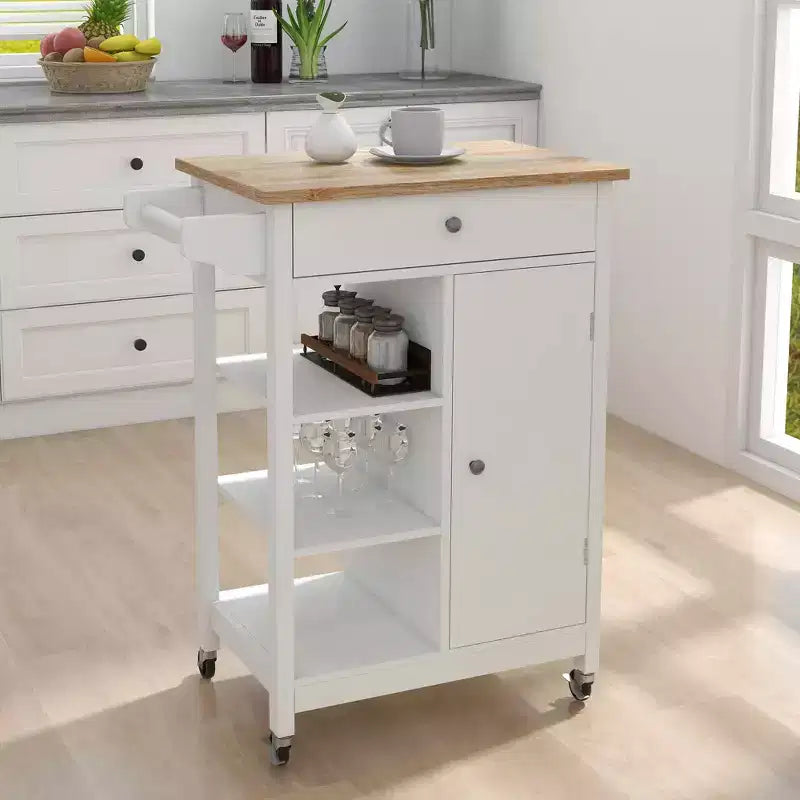 MAYEERTY Rolling Kitchen Island Trolley, Rubber Wood Top Adjustable Shelves Towel Rack