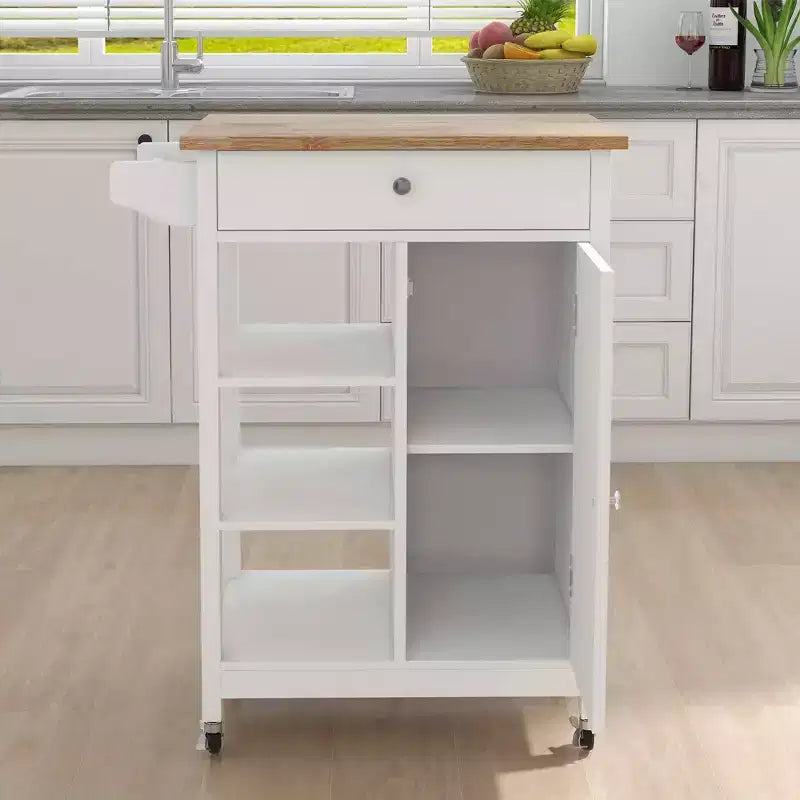 MAYEERTY Rolling Kitchen Island Trolley, Rubber Wood Top Adjustable Shelves Towel Rack