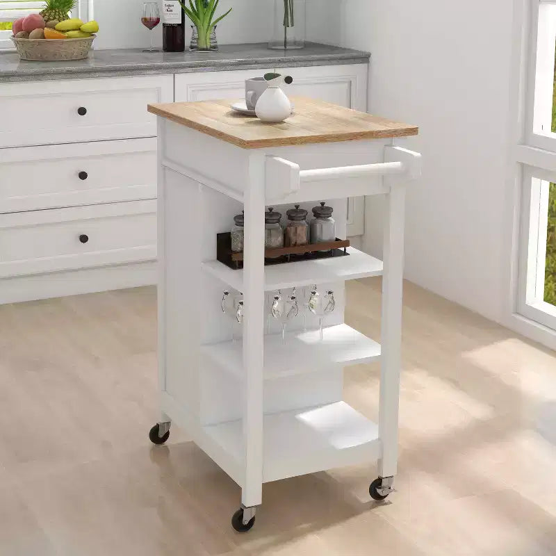 MAYEERTY Rolling Kitchen Island Trolley, Rubber Wood Top Adjustable Shelves Towel Rack
