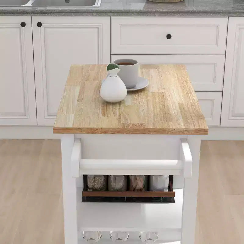 MAYEERTY Rolling Kitchen Island Trolley, Rubber Wood Top Adjustable Shelves Towel Rack