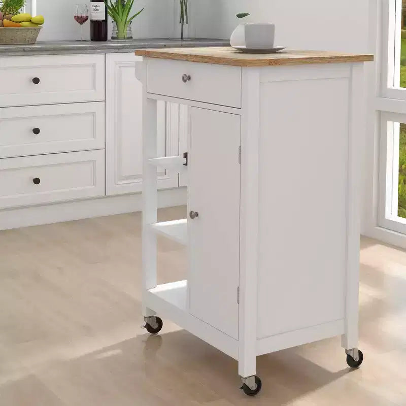 MAYEERTY Rolling Kitchen Island Trolley, Rubber Wood Top Adjustable Shelves Towel Rack