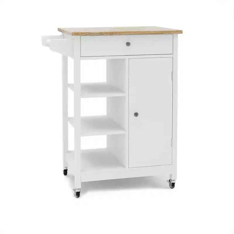 MAYEERTY Rolling Kitchen Island Trolley, Rubber Wood Top Adjustable Shelves Towel Rack