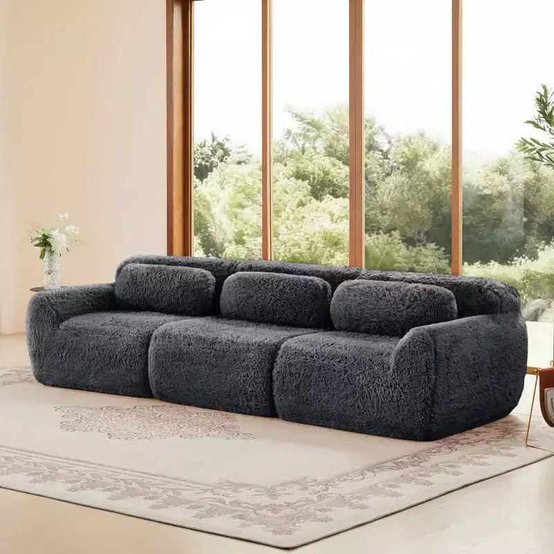 114 inch Brown Plush Fabric Sectional Sofa Couches with Throw Pillows ( Buckle Connection)