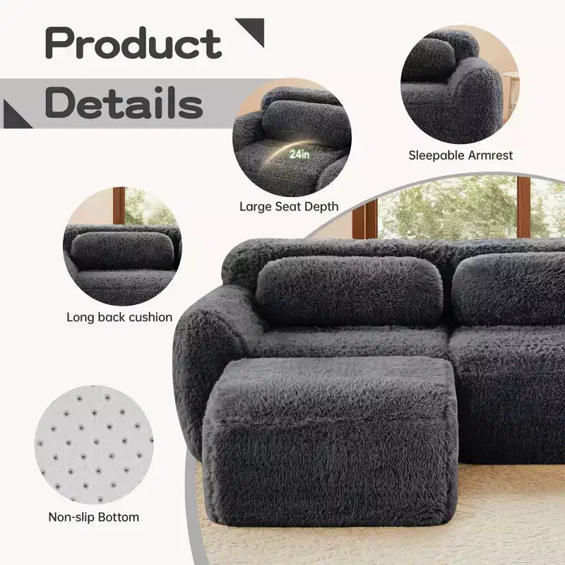 114 inch Brown Plush Fabric Sectional Sofa Couches with Throw Pillows ( Buckle Connection)