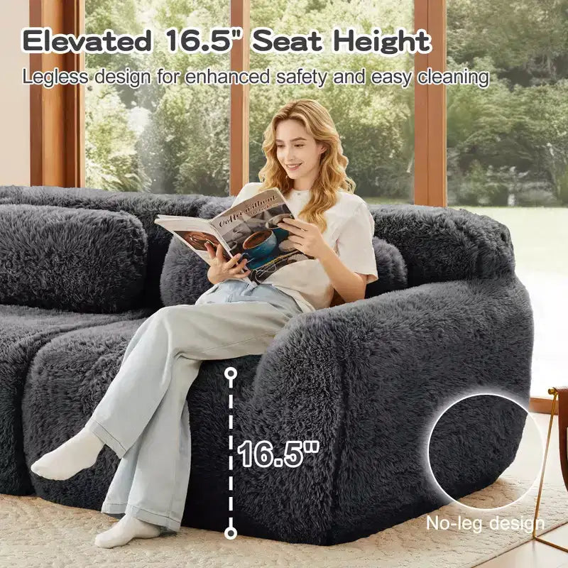 114 inch Brown Plush Fabric Sectional Sofa Couches with Throw Pillows ( Buckle Connection)