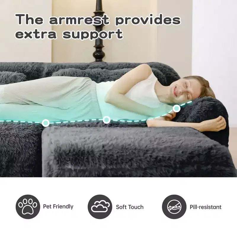 114 inch Brown Plush Fabric Sectional Sofa Couches with Throw Pillows ( Buckle Connection)