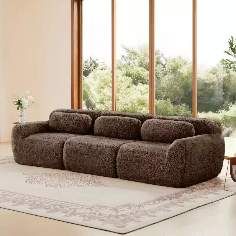 114 inch Brown Plush Fabric Sectional Sofa Couches with Throw Pillows ( Buckle Connection)