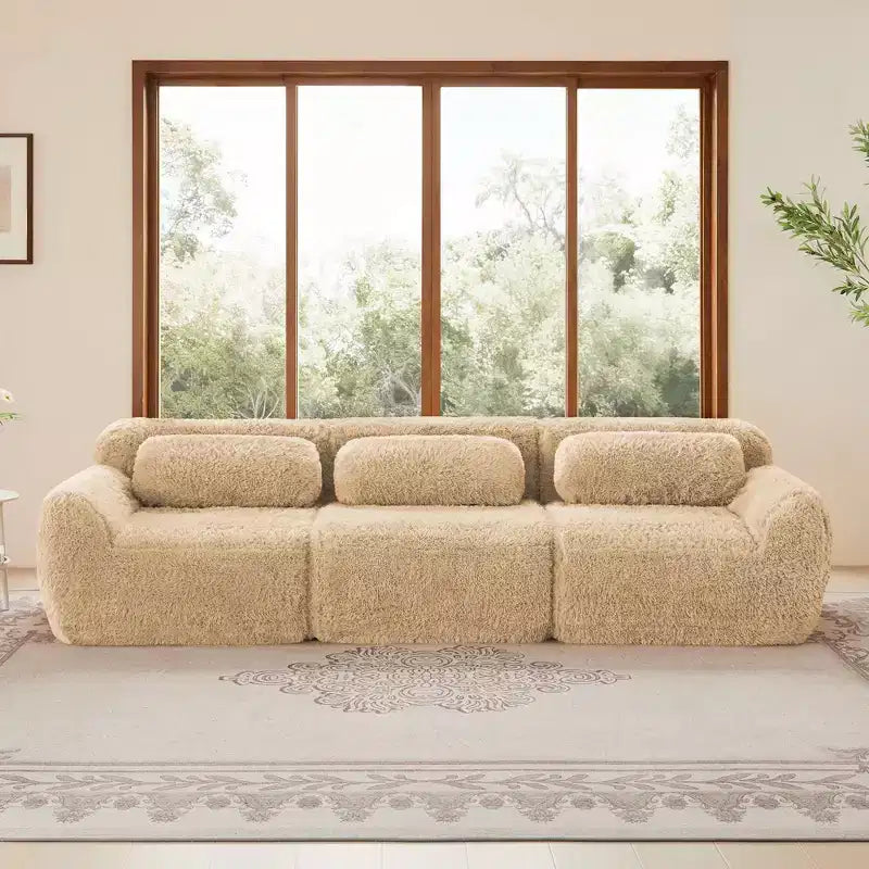 114 inch Brown Plush Fabric Sectional Sofa Couches with Throw Pillows ( Buckle Connection)