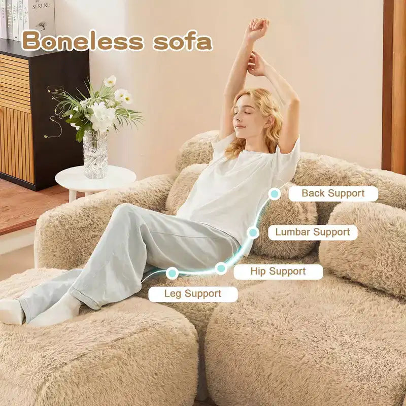 114 inch Brown Plush Fabric Sectional Sofa Couches with Throw Pillows ( Buckle Connection)
