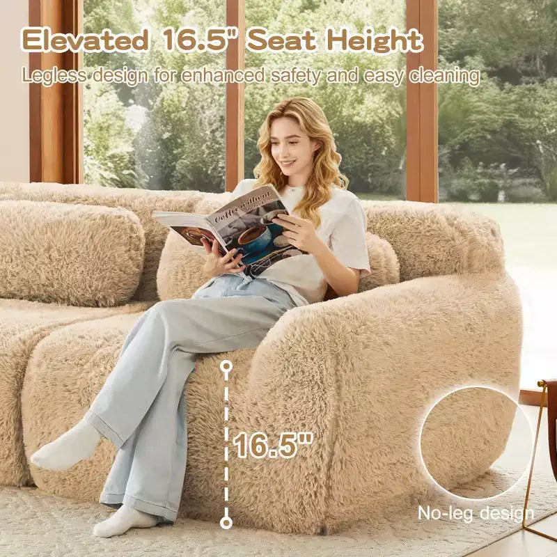 114 inch Brown Plush Fabric Sectional Sofa Couches with Throw Pillows ( Buckle Connection)