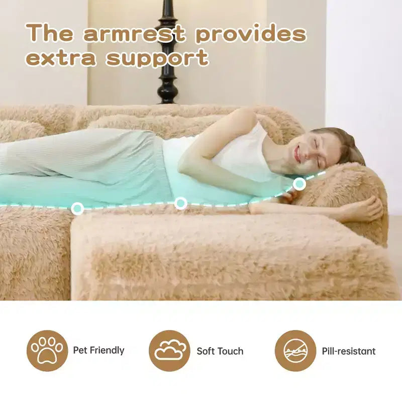 114 inch Brown Plush Fabric Sectional Sofa Couches with Throw Pillows ( Buckle Connection)