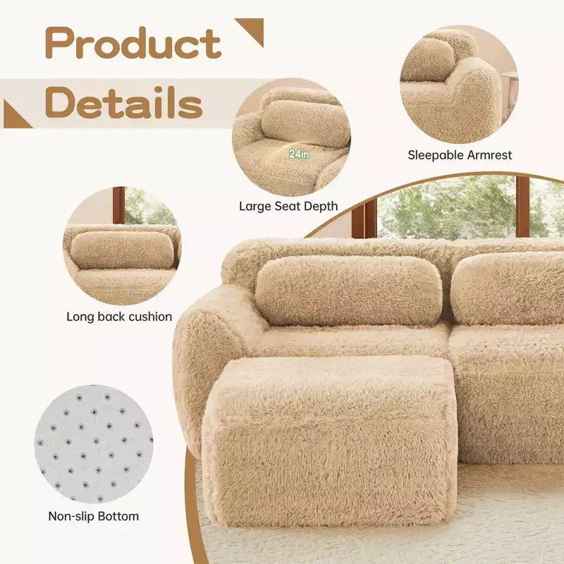 114 inch Brown Plush Fabric Sectional Sofa Couches with Throw Pillows ( Buckle Connection)