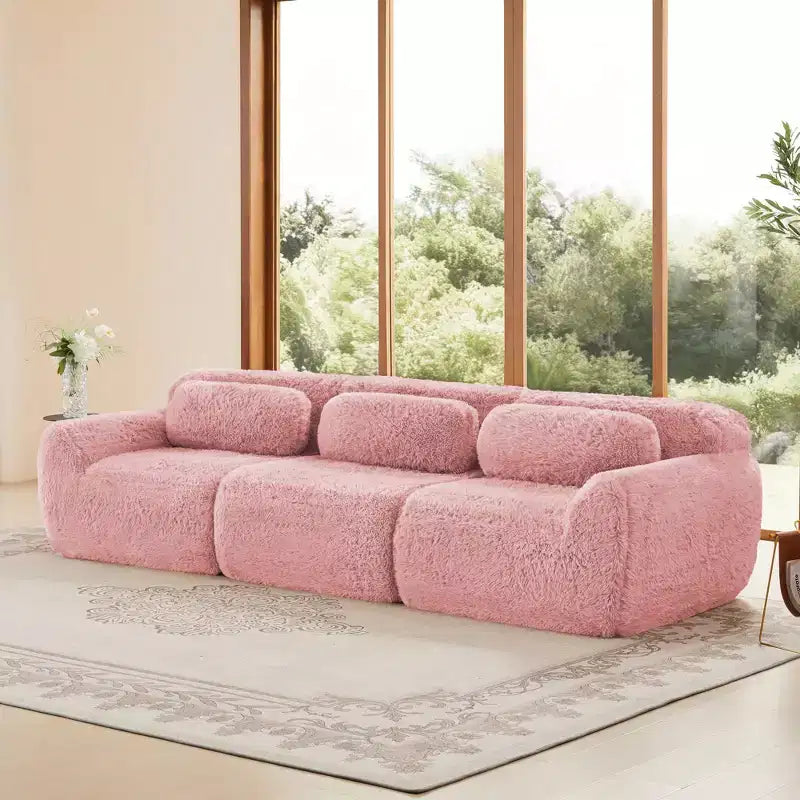 114 inch Brown Plush Fabric Sectional Sofa Couches with Throw Pillows ( Buckle Connection)