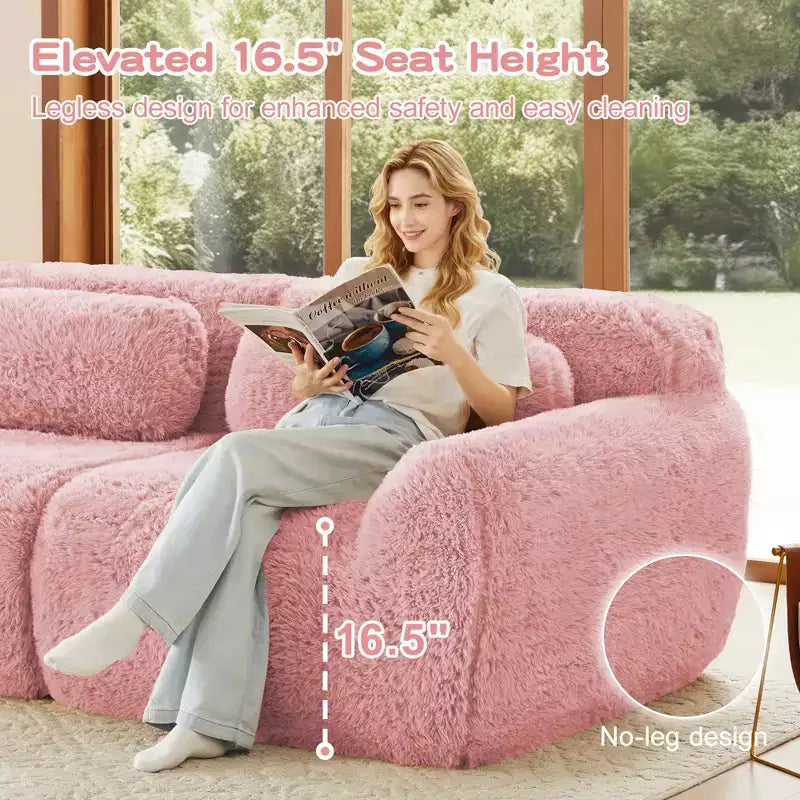 114 inch Brown Plush Fabric Sectional Sofa Couches with Throw Pillows ( Buckle Connection)