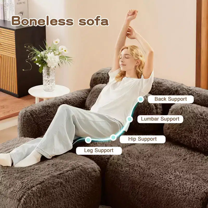 114 inch Brown Plush Fabric Sectional Sofa Couches with Throw Pillows ( Buckle Connection)