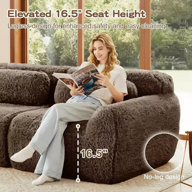 114 inch Brown Plush Fabric Sectional Sofa Couches with Throw Pillows ( Buckle Connection)