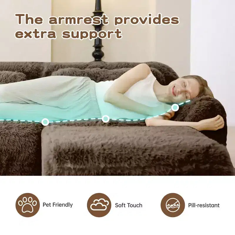 114 inch Brown Plush Fabric Sectional Sofa Couches with Throw Pillows ( Buckle Connection)