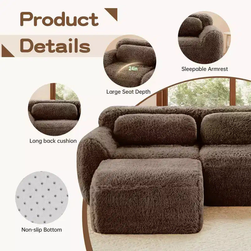 114 inch Brown Plush Fabric Sectional Sofa Couches with Throw Pillows ( Buckle Connection)
