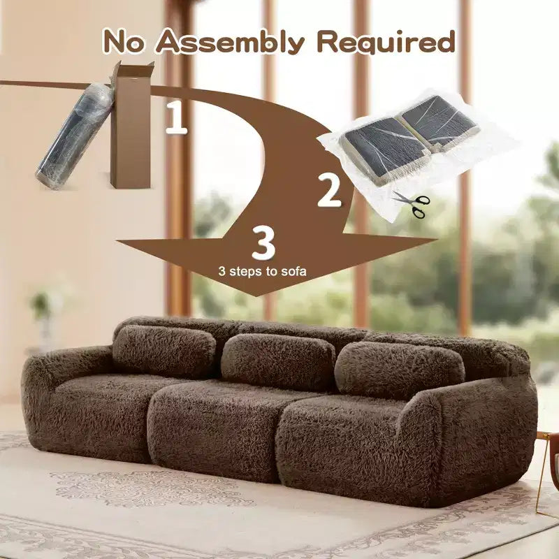 114 inch Brown Plush Fabric Sectional Sofa Couches with Throw Pillows ( Buckle Connection)