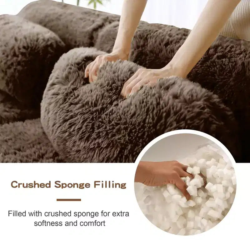 114 inch Brown Plush Fabric Sectional Sofa Couches with Throw Pillows ( Buckle Connection)