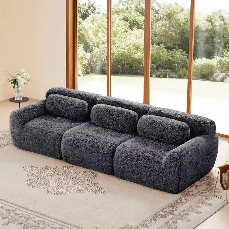 114 inch Brown Plush Fabric Sectional Sofa Couches with Throw Pillows ( Buckle Connection)