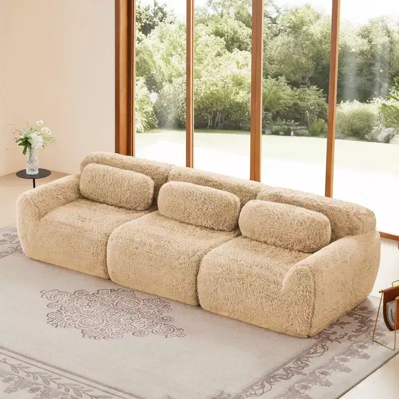 114 inch Brown Plush Fabric Sectional Sofa Couches with Throw Pillows ( Buckle Connection)