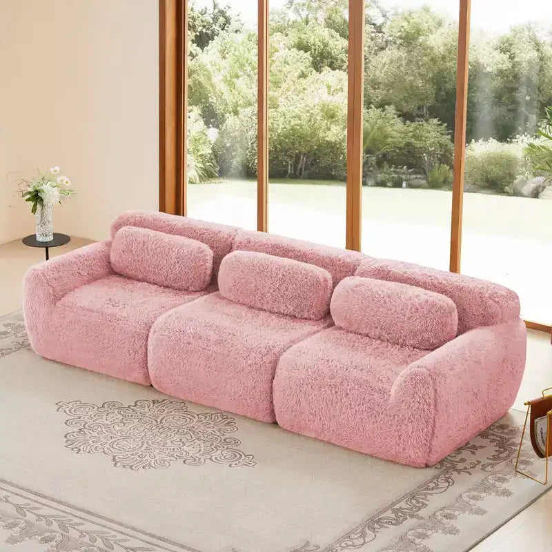 114 inch Brown Plush Fabric Sectional Sofa Couches with Throw Pillows ( Buckle Connection)