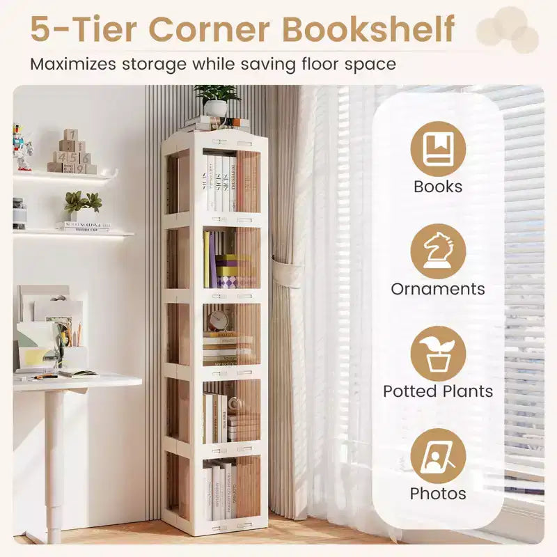 Costway 360 Spinning Bookcase with Swivel Base, 5-Tier Revolving Bookshelf Tower for Study