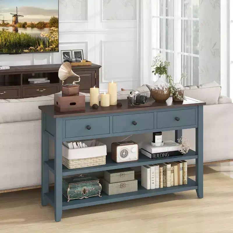 Costway 50 Farmhouse Entryway Table w/3 Storage Drawers and 2 Open Shelves for Hallway