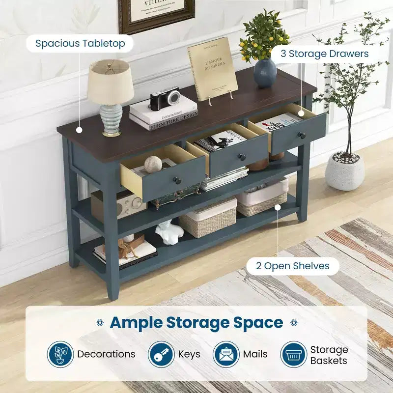 Costway 50 Farmhouse Entryway Table w/3 Storage Drawers and 2 Open Shelves for Hallway