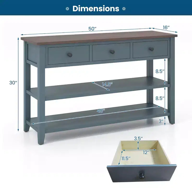 Costway 50 Farmhouse Entryway Table w/3 Storage Drawers and 2 Open Shelves for Hallway