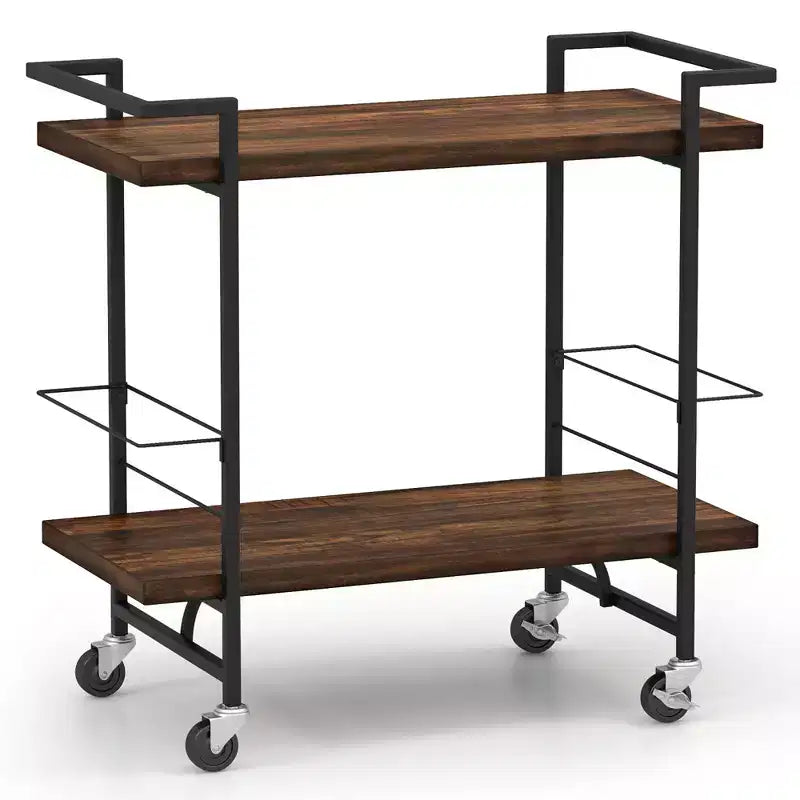 Costway Home Bar Cart 2-tier Home Bar Cart w/ Lockable Wheels & Anti-fall Guardrail