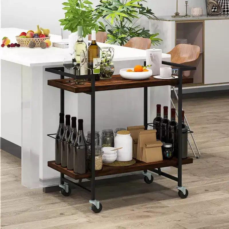 Costway Home Bar Cart 2-tier Home Bar Cart w/ Lockable Wheels & Anti-fall Guardrail