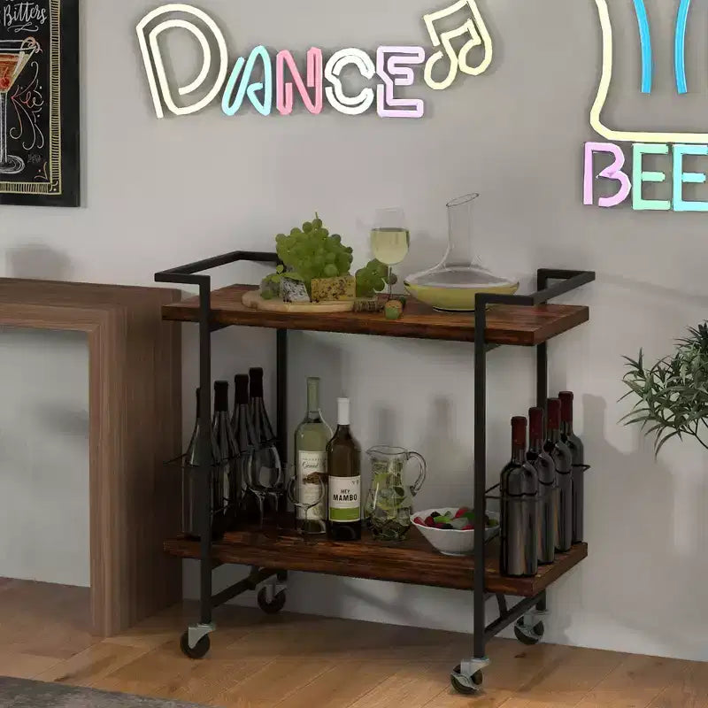 Costway Home Bar Cart 2-tier Home Bar Cart w/ Lockable Wheels & Anti-fall Guardrail