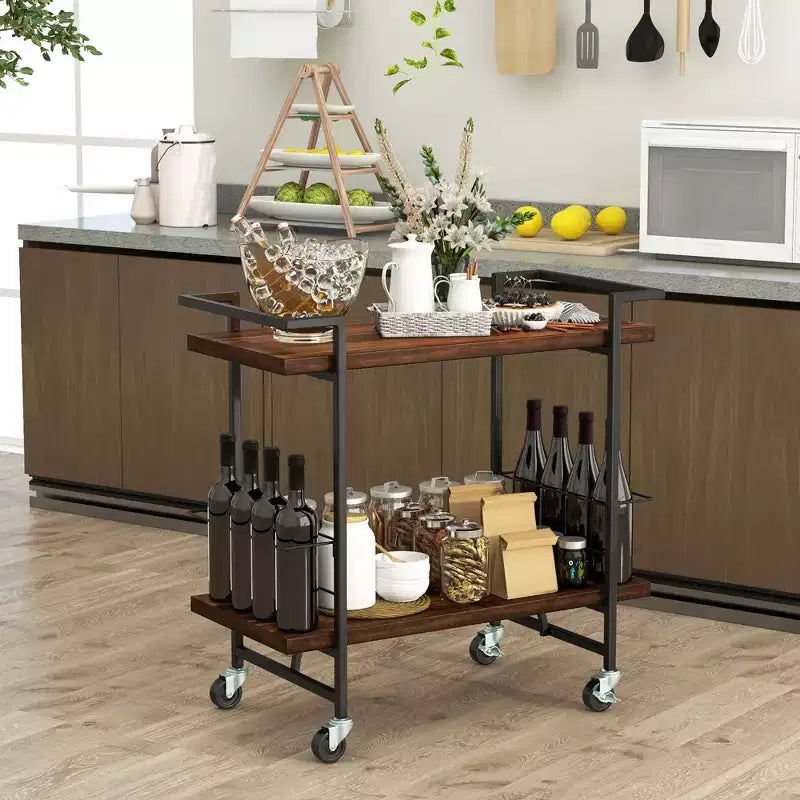 Costway Home Bar Cart 2-tier Home Bar Cart w/ Lockable Wheels & Anti-fall Guardrail
