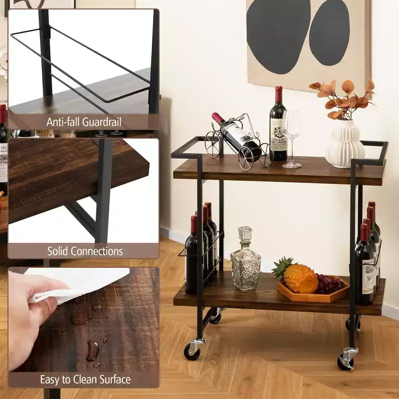 Costway Home Bar Cart 2-tier Home Bar Cart w/ Lockable Wheels & Anti-fall Guardrail