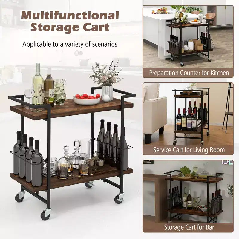 Costway Home Bar Cart 2-tier Home Bar Cart w/ Lockable Wheels & Anti-fall Guardrail