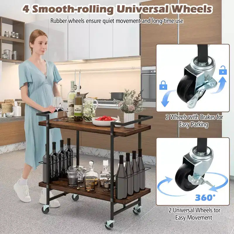 Costway Home Bar Cart 2-tier Home Bar Cart w/ Lockable Wheels & Anti-fall Guardrail