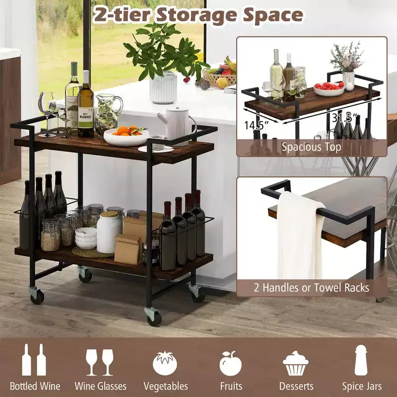 Costway Home Bar Cart 2-tier Home Bar Cart w/ Lockable Wheels & Anti-fall Guardrail