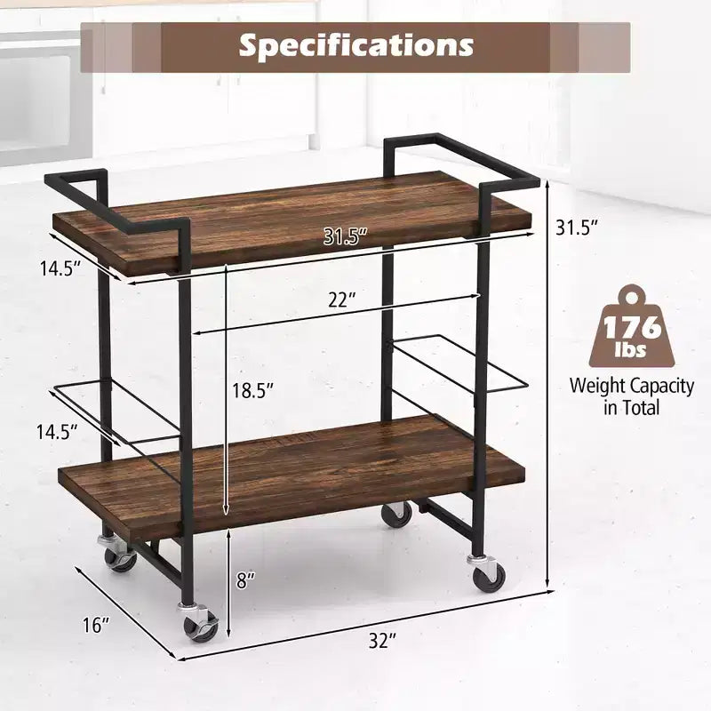 Costway Home Bar Cart 2-tier Home Bar Cart w/ Lockable Wheels & Anti-fall Guardrail