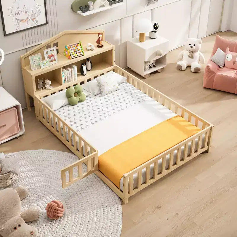 TUYOHW Full Size Toddler Floor Bed for Kidswith Bookcases and Blackboards with Guardrails and Storage Headboards for Bedroom
