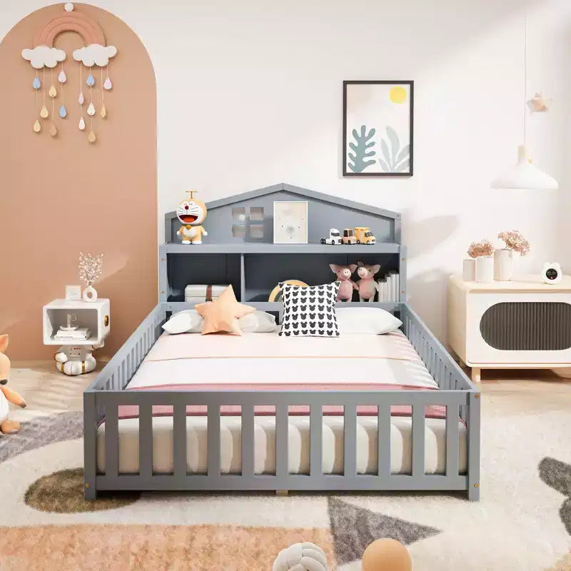 TUYOHW Full Size Toddler Floor Bed for Kidswith Bookcases and Blackboards with Guardrails and Storage Headboards for Bedroom